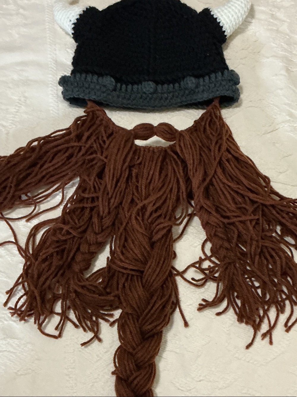 Viking Horn Crochet Hat with Brown Yarn Braids